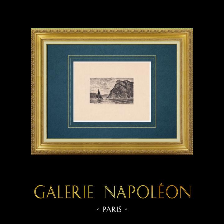 Grabados & Dibujos Antiguos | Roca de Lorelei - Loreley - Sankt Goarshausen - Rin - Renania-Palatinado (Alemania) | Grabado al aguafuerte | 1910