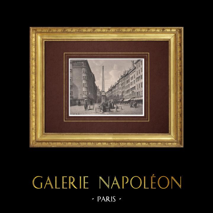 Gravuras Antigas & Desenhos | Fonte e rue de Coutance em Genebra (Suíça) | Litografia | 1854