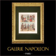 Traditional costumes - Spain - Leon - Old Castile - S. María la Real de Nieva | Original chromolithography lithographed by Percy. 1888