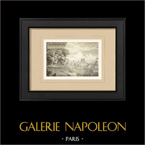 Veduta di Parigi dal Pavillon de Flore - Louvre - Sculture di Carpeaux | Auto-incisione originale disegnata da Heneux, incisa da Galliot. 1877