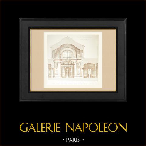 Salle des pas perdus - Vestíbulo - Palacio de justicia - Sección transversal (Adrien Chancel) | Autograbado original dibujado por Chancel, grabado por Galliot. 1877
