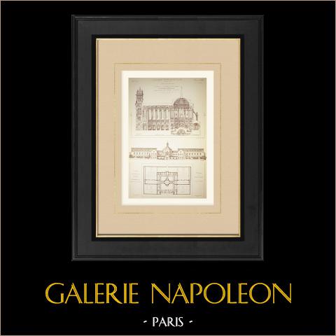 Project for a church (Geyler) - Hospice for the elderly - Plan (Vaudoyer) | Original autogravure engraved by Camin, Lebègue. 1869