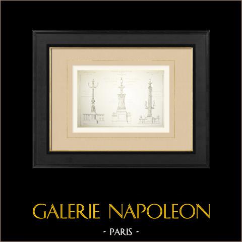 Kandelaber und Rostralsäule für den Place de la République in Paris (Bouvard & Gravigny) | Original autogravur gezeichnet von Bouvard & Gravigny, gestochen von Rivoalen. 1881