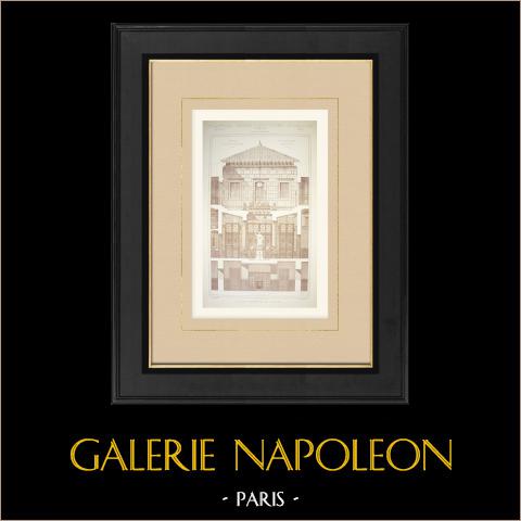 Hotel Avenue Montaigne in Paris - Atrium, Querschnitt (Alfred Normand) | Original autogravur gezeichnet von Normand, gestochen von Hacquart. 1882