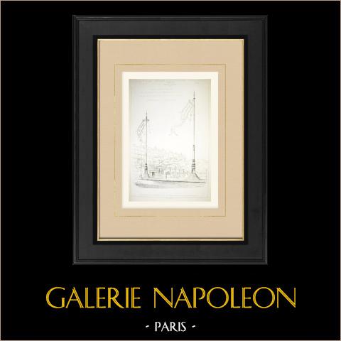 Masten des Place de la République in Paris (Henri Mayeux) | Original autogravur gezeichnet von Rivoalen nach Mayeux. 1883