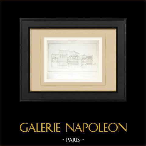 Wiederaufbau des Montpellier Theater - Längsschnitt (Alphonse Goutès) | Original autogravur gezeichnet von Goutès, gestochen von Boutonnet. 1883