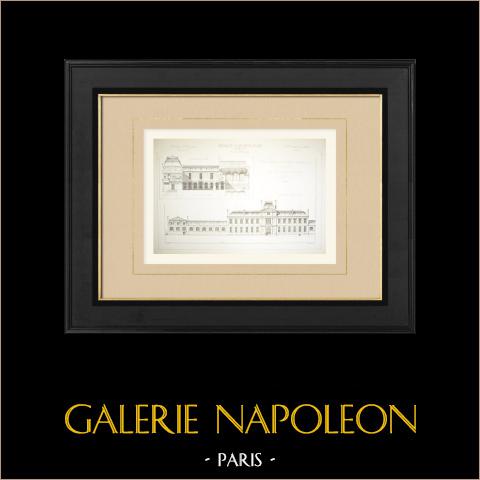 École normale primaire - Escuela - Versailles - Fachada (Leclerc) | Autograbado original dibujado por Leclerc, grabado por Boutonnet. 1879