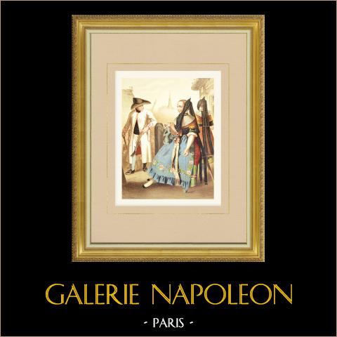 Costumi di Braunschweig - Bassa Sassonia (Germania) | Cromolitografia originale su carta velina disegnata da Kretschmer, litografata da Leutzsch. 1887