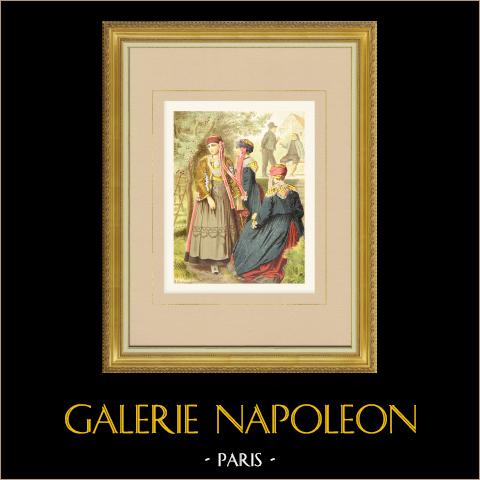 Costumi del Hannover - Bassa Sassonia - Donne dell'Alte Land (Germania) | Cromolitografia originale su carta velina disegnata da Kretschmer, litografata da Leutzsch. 1887