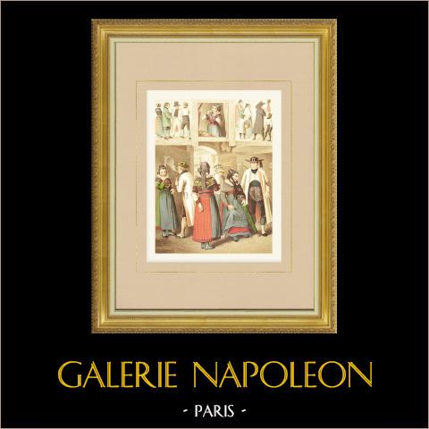 Costumi della Westfalia - Renania Settentrionale-Vestfalia (Germania) | Cromolitografia originale su carta velina disegnata da Kretschmer, litografata da Leutzsch. 1887