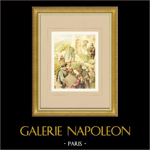 Costumi della Provincia del Reno - Mosella (Germania) | Cromolitografia originale su carta velina disegnata da Kretschmer, litografata da Leutzsch. 1887