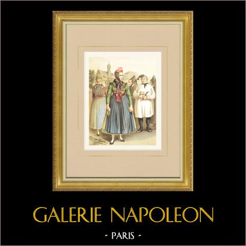 Costumi di Coira-Assia - Assia - Marburgo - Schwalm - Biedenkopf (Germania) | Cromolitografia originale su carta velina disegnata da Kretschmer, litografata da Leutzsch. 1887