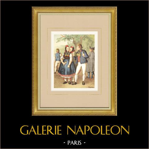 Costumi di Chur-Hessen - Schwalm - Assia (Germania) | Cromolitografia originale su carta velina disegnata da Kretschmer, litografata da Leutzsch. 1887