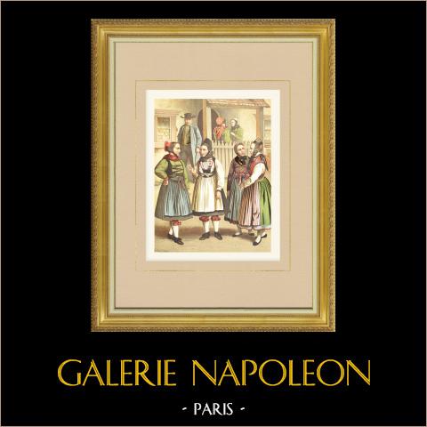 Costumi del Granducato d'Assia - Biedenkopf (Germania) | Cromolitografia originale su carta velina disegnata da Kretschmer, litografata da Leutzsch. 1887