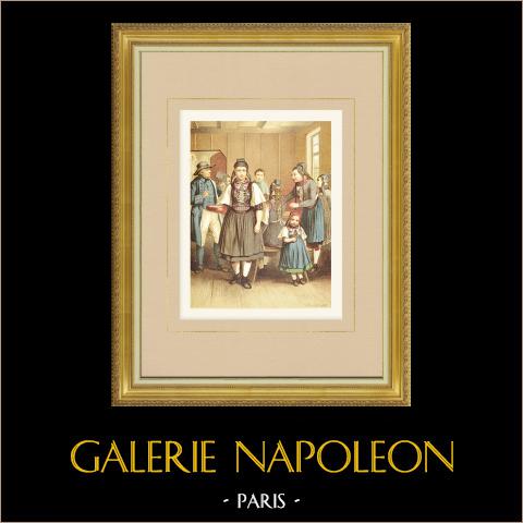 Costumi del Granducato d'Assia - Biedenkopf (Germania) | Cromolitografia originale su carta velina disegnata da Kretschmer, litografata da Leutzsch. 1887