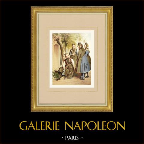 Costumi del Granducato d'Assia - Hoch-Weisel - Pohl-Göns (Germania)  | Cromolitografia originale su carta velina disegnata da Kretschmer, litografata da Leutzsch. 1887