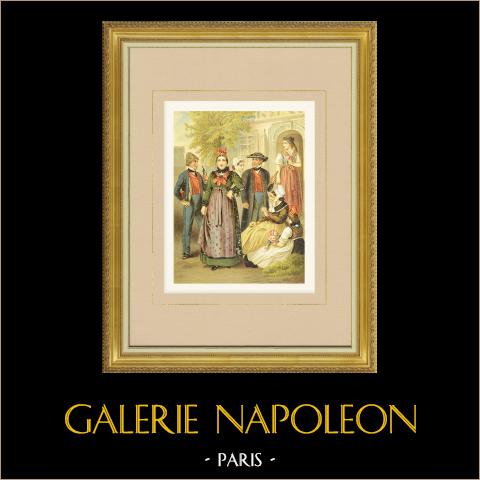 Costumes d'une famille alsacienne - Wissembourg - Bas-Rhin (France) | Chromolithographie originale sur papier vélin dessinée par Kretschmer, lithographiée par Leutzsch. 1887