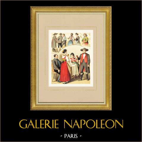 Costumi di Baden-Baden - Baden-Württemberg (Germania) | Cromolitografia originale su carta velina disegnata da Kretschmer, litografata da Leutzsch. 1887