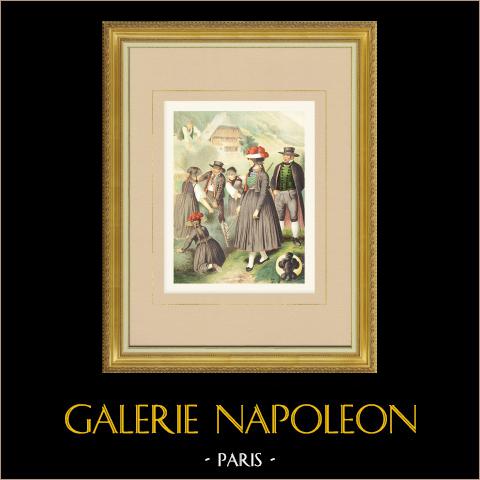 Costumi di Baden-Baden - Baden-Württemberg - Contadini (Germania) | Cromolitografia originale su carta velina disegnata da Kretschmer, litografata da Leutzsch. 1887