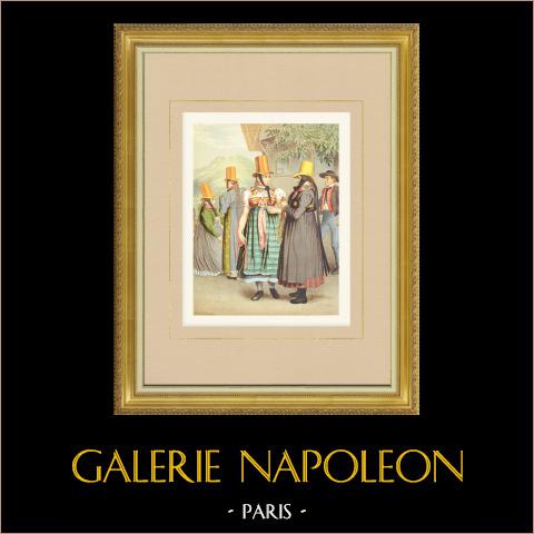 Costumi di Baden-Baden - Baden-Württemberg - Contadini (Germania) | Cromolitografia originale su carta velina disegnata da Kretschmer, litografata da Leutzsch. 1887