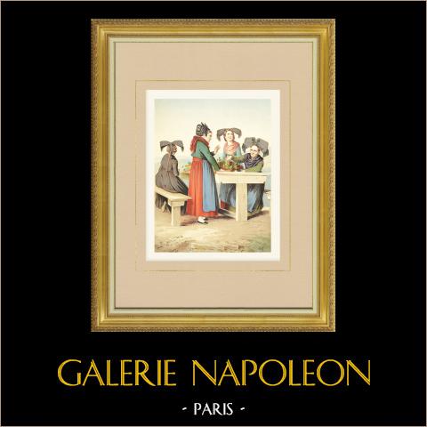 Costumi di Baden-Baden - Mülheim - Nord Reno-Westfalia (Germania) | Cromolitografia originale su carta velina disegnata da Kretschmer, litografata da Leutzsch. 1887