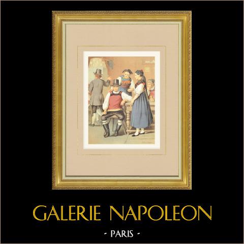 Costumi di Baden-Baden - Rickenbach - Baden-Württemberg (Germania) | Cromolitografia originale su carta velina disegnata da Kretschmer, litografata da Leutzsch. 1887