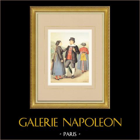 Costumi di Baden-Baden - Rickenbach - Baden-Württemberg (Germania) | Cromolitografia originale su carta velina disegnata da Kretschmer, litografata da Leutzsch. 1887