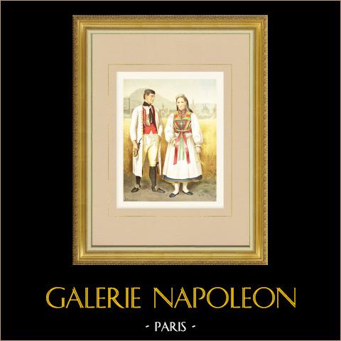 Costumi del Württemberg - Württemberg-Bade - Betzingen (Germania) | Cromolitografia originale su carta velina disegnata da Kretschmer, litografata da Leutzsch. 1887