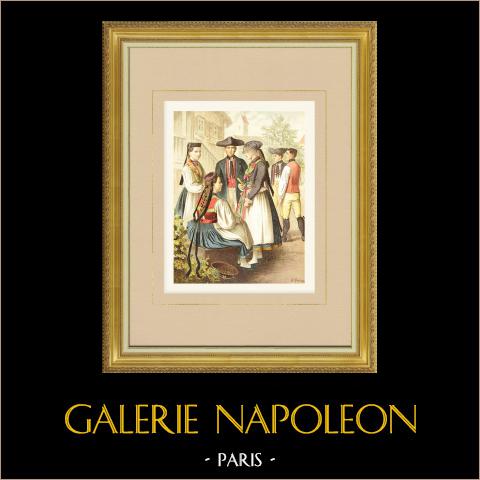 Costumi del Württemberg - Württemberg-Bade - Betzingen (Germania) | Cromolitografia originale su carta velina disegnata da Kretschmer, litografata da Leutzsch. 1887