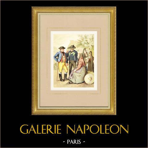 Costumi del Württemberg - Württemberg-Bade - Freudenstadt - Rottenburg (Germania) | Cromolitografia originale su carta velina disegnata da Kretschmer, litografata da Leutzsch. 1887