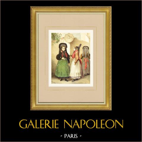 Costumi del Württemberg - Württemberg-Bade - Rottweil (Germania) | Cromolitografia originale su carta velina disegnata da Kretschmer, litografata da Leutzsch. 1887