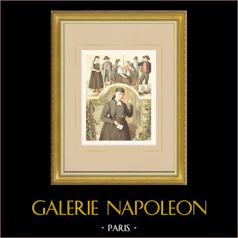 Costumi del Württemberg - Württemberg-Bade - Schwenningen (Germania) | Cromolitografia originale su carta velina disegnata da Kretschmer, litografata da Leutzsch. 1887