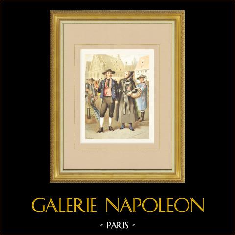 Costumi del Württemberg - Württemberg-Bade - Ulm (Germania) | Cromolitografia originale su carta velina disegnata da Kretschmer, litografata da Leutzsch. 1887
