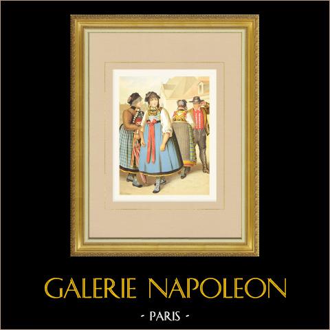 Contadini bavaresi (Germania) | Cromolitografia originale su carta velina disegnata da Kretschmer, litografata da Leutzsch. 1887