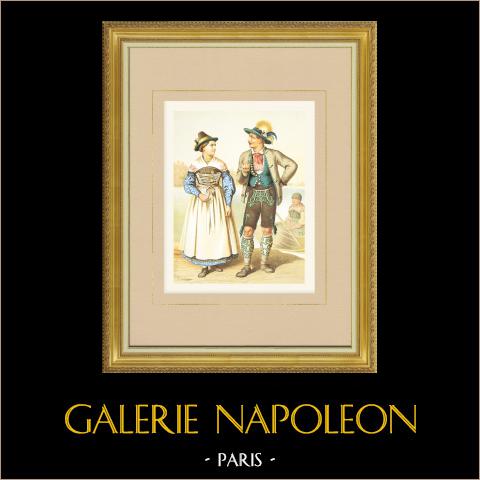 Costumi della Baviera - Schliersee (Germania) | Cromolitografia originale su carta velina disegnata da Kretschmer, litografata da Leutzsch. 1887