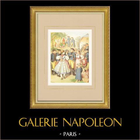Costumi boemi - Pilsen (Repubblica Ceca)  | Cromolitografia originale su carta velina disegnata da Kretschmer, litografata da Leutzsch. 1887