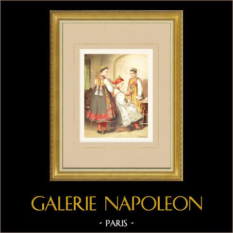 Costumi boemi - Pilsen (Repubblica Ceca)  | Cromolitografia originale su carta velina disegnata da Kretschmer, litografata da Leutzsch. 1887