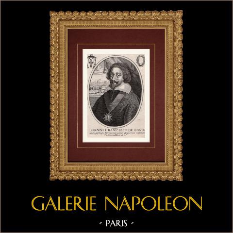 Ritratto di Jean-François de Gondi, cardinale (1584-1654) | Incisione originale a bulino su rame su carta vergata. Anonima. 1750