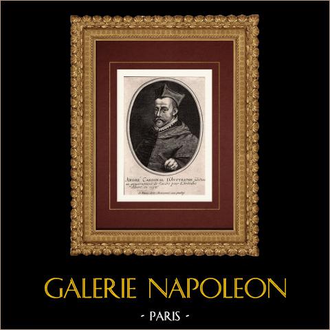Ritratto di Andrea d'Austria, cardinale (1558-1600) | Incisione originale a bulino su rame su carta vergata incisa da Moncornet. 1690