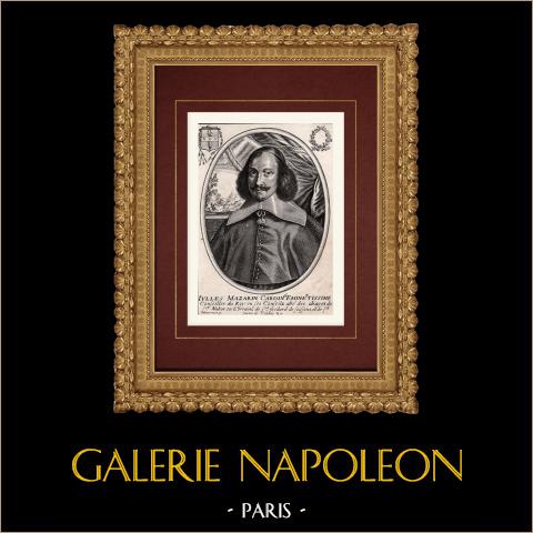 Ritratto di Giulio Mazzarino, Eminente cardinale (1620-1661) | Incisione originale a bulino su rame su carta vergata incisa da Moncornet. 1690