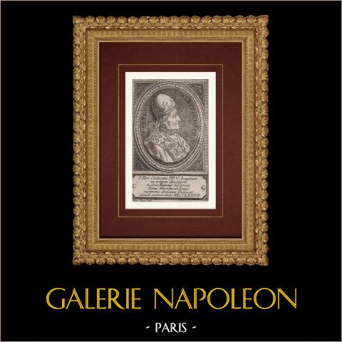 Ritratto di papa Celestino V (1215-1296) | Incisione originale a bulino su rame su carta vergata incisa da Filippus Pilaja. 1777
