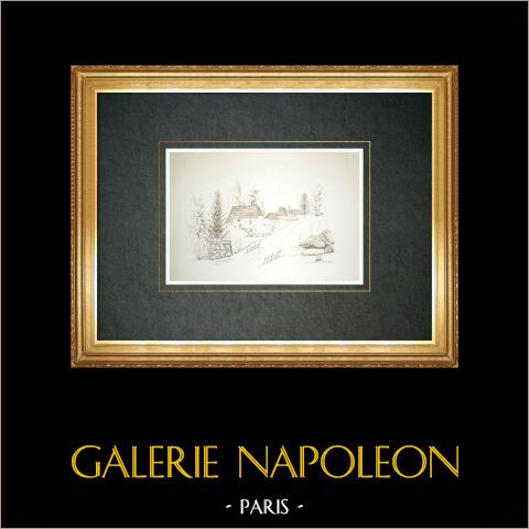 Dolmen de Vacheresse - Haute-Loire (Frankreich) | Original tuschezeichnung gezeichnet von Louis Gibert. Signé en bas à gauche. Titré en bas à gauche. Datiert 1982