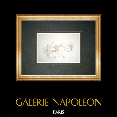 Veduta di Brives - Pont-Vieux - Loira - Alta Loira (Francia) | Disegno a inchiostro originale disegnato da Louis Gibert. Signé en bas à droite. Titré en bas à gauche. Datato 1985