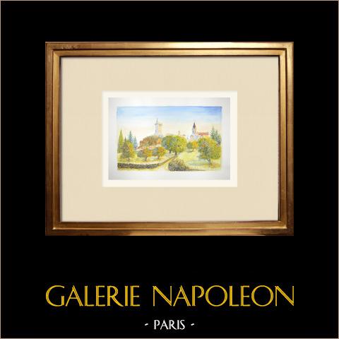 Ansicht von Polignac - Mittelalterliche Festung - Kirche St-Martin - Haute-Loire (Frankreich) | Original aquarell auf Papier von Louis Gibert. Signée en bas à droite. Titrée en bas à gauche. Datierte 1997