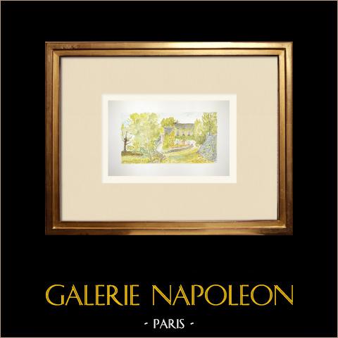 Veduta dei dintorni di Saint-Julien-Chapteuil - Alta Loira (Francia) | Acquarello originale su carta dipinto da Louis Gibert. Signée en bas à droite. Titrée en bas à gauche. Datatoe 1983