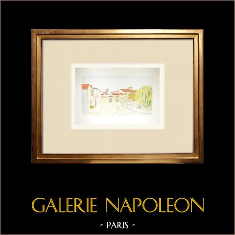 Ansicht von Vourles - Befestigtes Haus - Rhône (Frankreich) | Original aquarell auf Papier von Louis Gibert. Signée en bas à droite. Titrée en bas à gauche. Datierte 1987