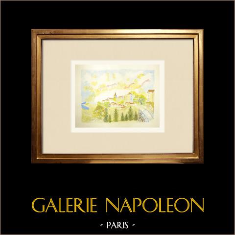 Veduta di Saint-Privat-d'Allier - Alta Loira (Francia) | Acquarello originale su carta dipinto da Louis Gibert. Signée en bas à droite. Titrée en bas à gauche. Datatoe 1992