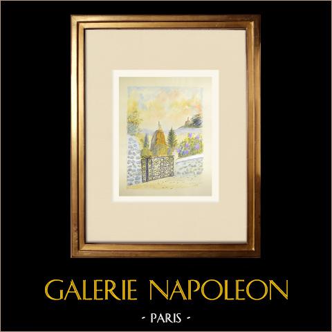 Le Puy-en-Velay visto dallo Chemin des Lilas (Francia) | Acquarello originale su carta dipinto da Louis Gibert. Signée en bas à droite. Titrée en bas à gauche. Datatoe 1992