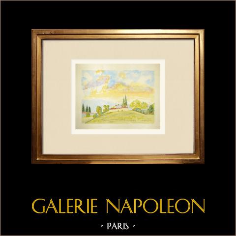 Le Puy-en-Velay - Chemin de Bonnassou - Alta Loira (Francia) | Acquarello originale su carta dipinto da Louis Gibert. Signée en bas à droite. Titrée en bas à gauche. Datatoe 1992