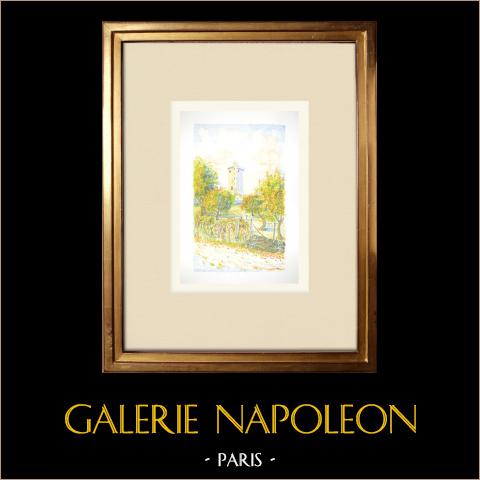 Ansicht von Polignac - Mittelalterliche Festung - Haute-Loire (Frankreich) | Original aquarell auf Papier von Louis Gibert. Signée en bas à droite. Titrée en bas à droite. Datierte 1997